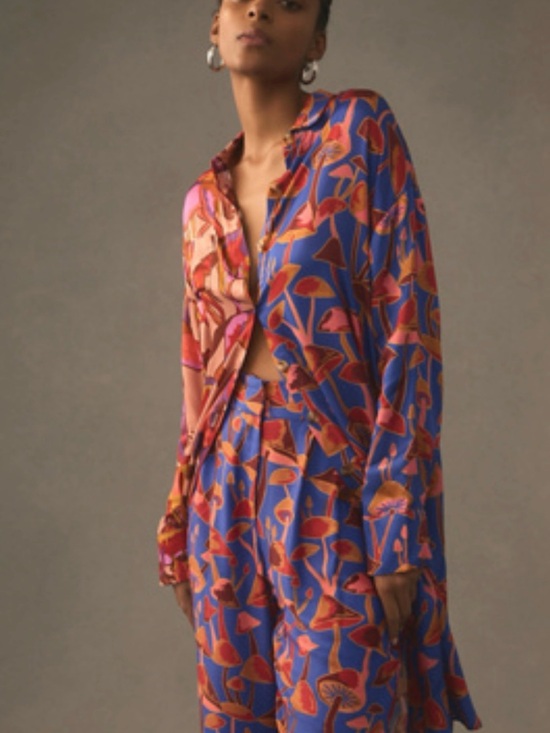 FARM Rio Tops - FARM Rio Blue, Pink & Orange Equestrian Mixed-Print Button Down Blouse Pants Set
